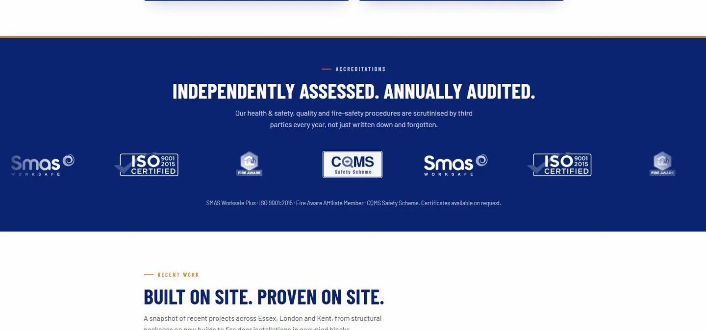 The accreditation badges, including ISO 9001 and SMAS Worksafe