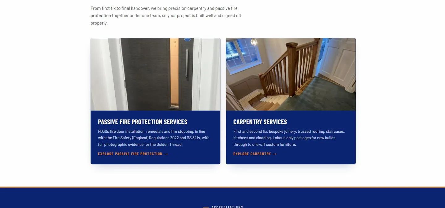 Two cards splitting the business into fire protection and carpentry